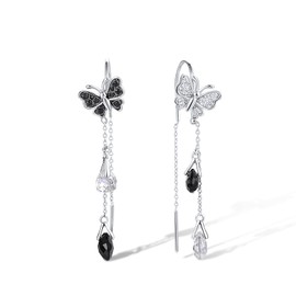 Santuzza 925 Sterling Silver Butterfly Threader Earrings Black Onyx Spinel White Cubic Zirconia Drop Earrings