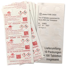 plasteo® Pure Oasis Water Purification Tablets Pack of 100 for up to 2500 Litres of Water Sterilization | 100% Germ-free Drinking Water in 30 Minutes | 1 x Glove Made of PE | Recommended by WHO and
