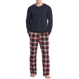 Vlazom Men's Pajamas Set Long Sleeves Soft Pj Top and Plaid Pants for Sleepwear Loungewear with Pockets,A-Red Plaid & Dark Blue,S