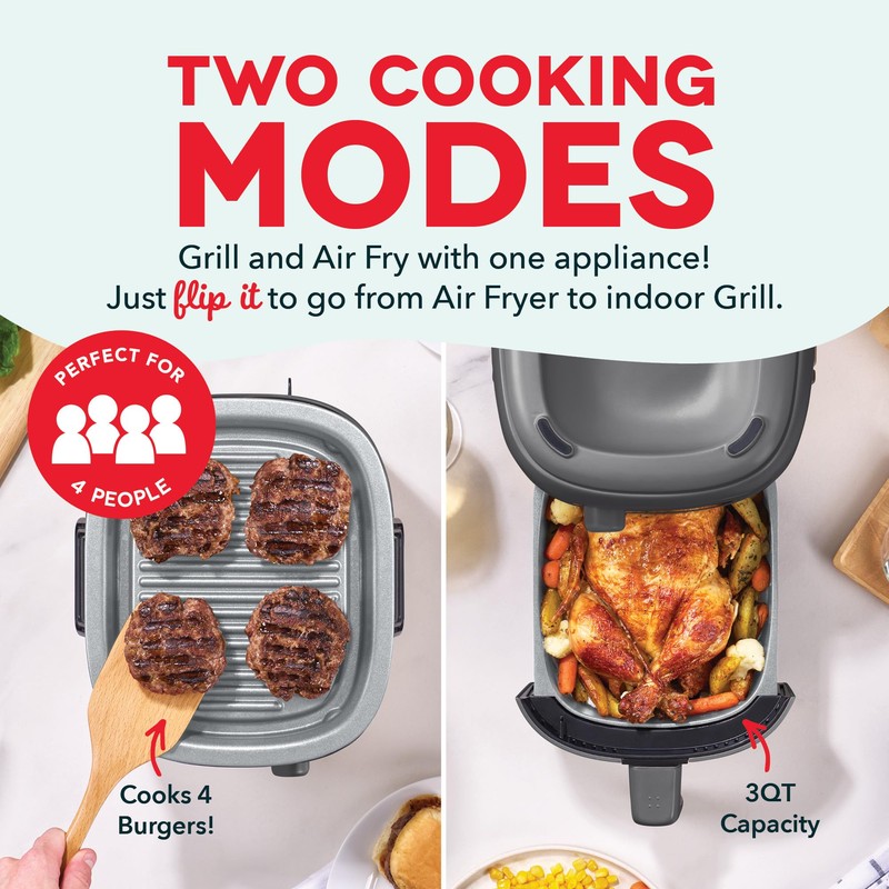 DASH Flip & Fry 2-in-1 Grill + Air Fryer, 3