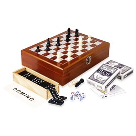 LuxoriaHaus Chess Set 3 in 1, 9.5" Foldable Wooden Chess for Travel, Board Games Set for Kids and Adults, Chess, Dominos, Cards Set