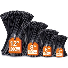 Bridas de Varios Tamaños (4"+6"+8"+12"), Paquete de 400, Bridas Negras para Cables, Bridas de Alambre Resistentes a los Rayos UV de ANOSON