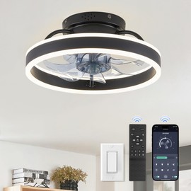 ZMISHIBO Low Profile Ceiling Fans with Lights and Remote, Modern Flush Mount Ceiling Fan, Dimmable Bladeless LED Small Fan Light, 13 Inch Fandelier Ceiling Fan with Light for Bedroom, Black