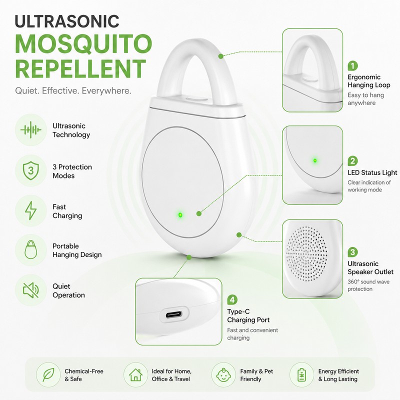 Portable Ultrasonic Mosquito Repellent Device – Rechargeable Wearable Pest Deterrent