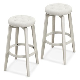 Giantex Swivel Bar Stools Set of 2, 30" Bar Height Stools w/Tufted Seat & Rubber Wood Frame, Round Backless Kitchen Stools w/Footrest, Barstools for Kitchen Island/Breakfast/Pub, Antique White