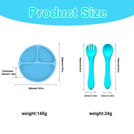 SOIDMHP Stay Put Divided Plates, Kids Divided Plate Set, Baby & Toddler Plate with Compartments, with a Pair of Fork and Spoon, Baby Weaning Plate, BPA-Free Unbreakable Plates, Blue