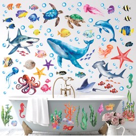 DECOWALL DS12-8078 Ocean Whale Fish Shark Wall Stickers Decals Under The Sea Turtle Jellyfish Removable for Kids Bedroom Nursery Living Room Art Home décor Bathroom