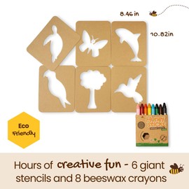 Honeysticks Kids Activity Set - 6 Large Stencils for Kids plus Jumbo Non-Toxic Beeswax Crayons (8pk), Perfect First Stencils for Toddler/Preschool Art, Drawing and Colouring, Gifts for Kids 3-5