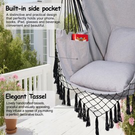 PIRNY Hammock Chair Hanging Rope Swing Chair,Max 450 Lbs, Large Hanging Chair with Pocket, 2 Cushions, Removable Steel Bar, Hardware Kit Included, Superior Comfort for Indoor Outdoor (Light Grey)