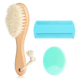 Goat Baby Hair Brush Set, Safe Natural Hair Care Kit with Wooden Soft Bristles Brush Comb Green Silicone Bath Brush for Newborns Toddlers (3pcs Set)