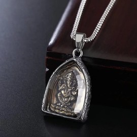 JUNTEN Hindu God Lord Ganesha Indian Ganesh Sculpture Elephant Statue Pendant Men Stainless Steel Lucky Necklace, 24 Inch Chain