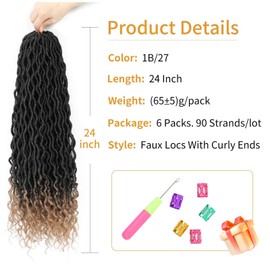 Ombre Faux Locs Crochet Hair 24 Inch 6 Packs Goddess Locs Crochet Hair For Black Women Pre Looped Crochet Goddess Locs With Curly Ends(1B/27, 24 Inch, 6 Packs)