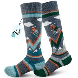 unenow Merino Wool Ski Socks Kids 2 Pairs, Winter Warm Snowboarding Thermal Socks for Boys Girls Toddlers