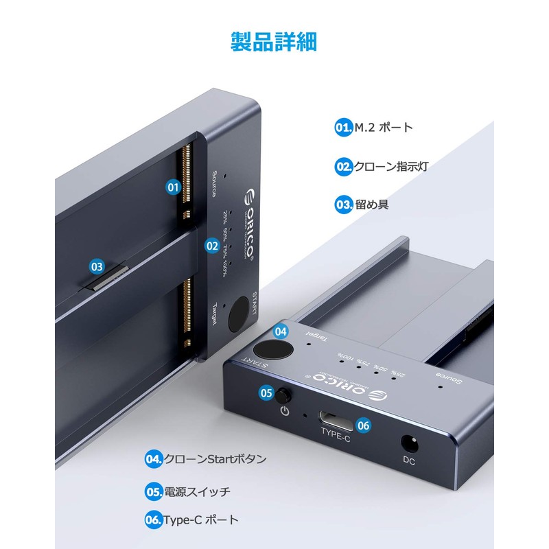 ORICO USB-C NVME M.2 SSD Case, 2 Bays, Copy Function,