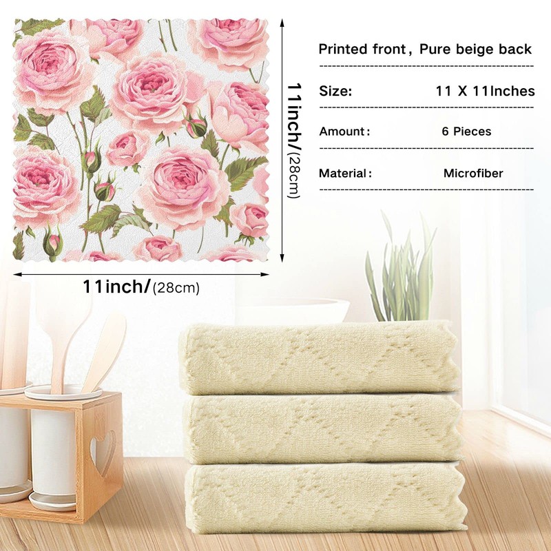 Pink Rose Flower Floral Kitchen Dishcloths, 6 Pack Dish Towels