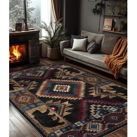 YIHOUSE Rustic Cabin Area Rug for Bedroom 5x7,Machine Washable Lodge Bear Rug,Non-Slip Low Pile Print Pattern Western Rug for Living Room