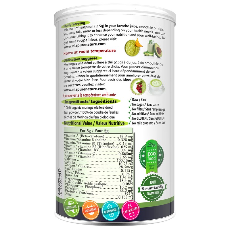Nia Moringa - Organic Delicious Oleifera Leaf Powder - 227g