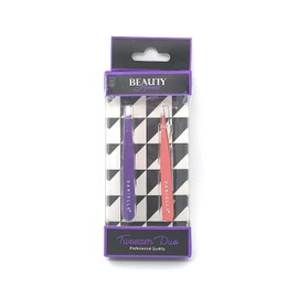 Beauty Avenue Tweezer Duo | Professional Quality | Purple/Coral Color | Slanted/Pointed Set