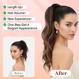 Benehair Claw Clip in Ponytail Hair Extensions 24 Inches Long Curly Wavy Ponytail Extensions Synthetic Drawstring Ponytail Hair Pieces for Women(Auburn with Gray Highlighted, 210g)