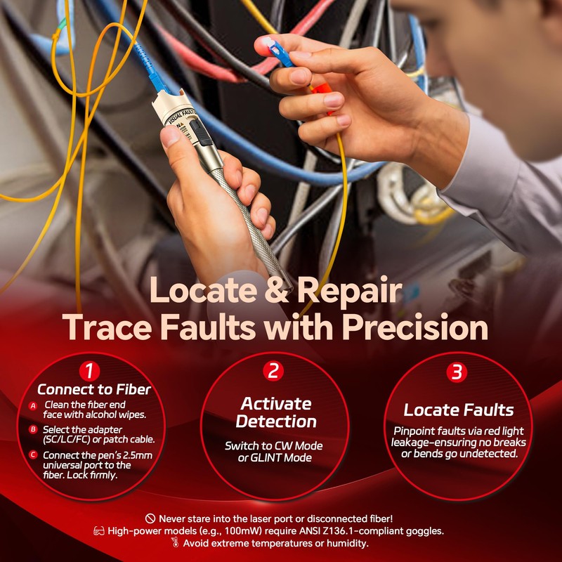 VFLVisual Fault Locator Kit 50mw,Fiber Optic Cable Tester Tool Kit,Fiber