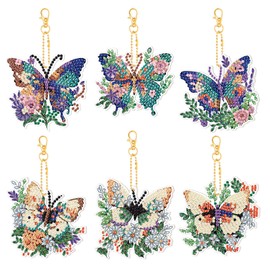 Pack of 6 Diamond Painting Keyrings, Butterfly Keyring, 5D Double-Sided Diamond Painting Butterfly Pictures Diamond Painting Children DIY Diamond Painting Key Ring, multicoloured