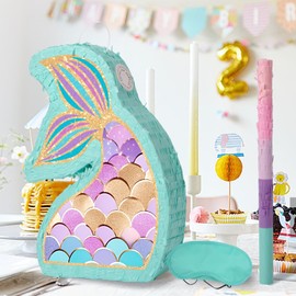 Mermaid Tail Pinata - Mermaid Pinata with Blindfold and Bat for Girls Kids Ocean Theme Birthday Party Game Decorations (Small Size 17”x12”x3”)