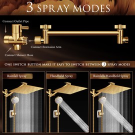 Beekim 12'' Shower Head with Handheld, High Pressure Rainfall Shower Head Combo with 11'' Adjustable Extension Arm, 5 Setting Hand Held Shower Head with 60 Inch Shower Hose. Anti-Leak (Gold)