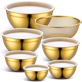 Teenyyou 7 Pack Gold Mixing Bowls with Airtight Lids Stainless Steel Mixing Bowl, Metal Nesting Organizers and Stainless Steel Colander Set for Baking Serving Food (0.8,1,1.5,2.0,2.5,4.0 Qt)