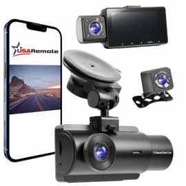 USARemote USARemote 3Channel Dash Cam WDR 1440P+1080P Front and Rear Inside 3 Inch Screen, G Sensor Motion Detection and Loop Recording, Reverse Car Camera Dashcam, GPS Suction Mount, USB Type C for Cars