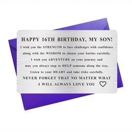 MXRSDF Son 16th Birthday Card Gifts for Him, 16 Year Old Boy Birthday Decorations for Grown Son, Metal Wallet Card