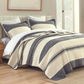 QuiltMuse Cotton Quilt Set Queen Size - 3 Pieces Dark Grey Quilt Bedding Set, Lightweight Soft Queen Bedspread for All Seasons, Farmhouse Striped Quilted Coverlet with 2 Pillowshams