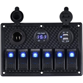 GIDREN 6 Gang Waterproof Rocker Switch Panel 12V/24V Digital Voltage Display, Dual 5V USB Charger Socket for Car Truck Marine Boat (Blue)