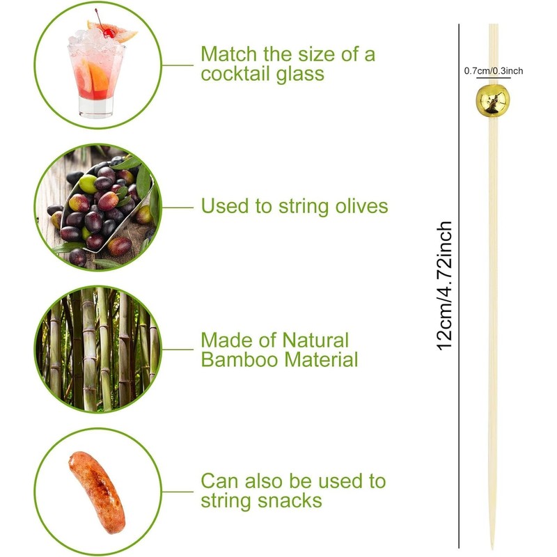 110 Pieces Fruit Picks Cocktail Picks Gold Bead Picks Skewers