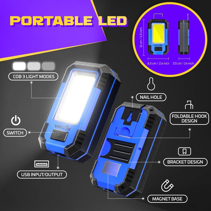 WARSUN LED Work Light Rechargeable Magnetic Portable Mechanic Worklight Battery