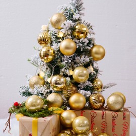 Niviy 2024 Christmas Ornaments Ball Decoration, Gold Christmas 24ct 2.36"/60mm Ornaments, Xmas Pierced Trees Pendant, Seasonal Decorative Hanging Ornament Set for Holiday Party