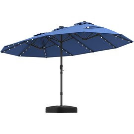 Tangkula 15FT Double-Sided Solar Patio Umbrella, Extra-Large Outdoor Twin Umbrella with 48 LED Lights, Vented Top, Crank Handle, 12 Ribs, Weighted Base Included for Backyard Poolside Deck (Navy)