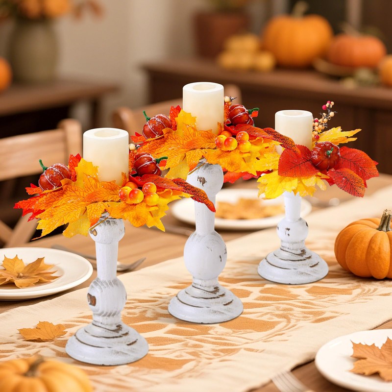 Mumufy 6 Pcs Thanksgiving Rustic Wooden Candle Holders for Pillar