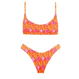 VOLAFA Women's Triangle Bikini Set Smocked Textured Scoop Frilled Print Ruched Elastic Swimsuit Two Piece Bathing Suit (Dark Orange, Medium)