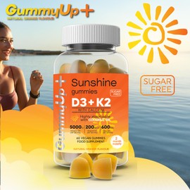 Vitamin D3+K2+Calcium Gummies High Strength Sunshine Gummies | 2 Months Supply | Natural Orange Flavoured Sugar Free Vegetarian Gummies by Gummyup+