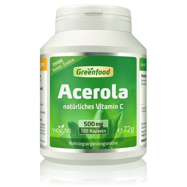 Greenfood - Acerola Concentrate - 500 mg - High Dose - 120 Vegan Capsules - Ideal Source of Natural Vitamin C (Immune System, Cell Protection, Bones and Teeth)