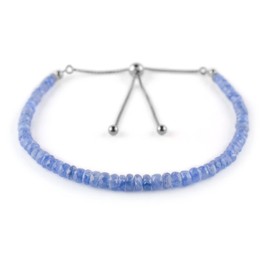 AA+ Natural Blue Sapphire Gemstone Bolo Bracelet, Rhodium Plated, 925 Sterling Silver, Adjustable Slider, Chakra Beads, Healing Crystals, Women Jewelry, Valentine Gift, 10"