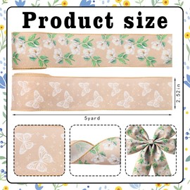 Hying 2 Rolls Spring Flower Ribbons for Wreath Bows Wrapping Gifts, Burlap Floral Butterfly Ribbon for Gift Wrapping Birthday Party Decoration DIY, 2.5" X 10 Yards Vintage Magnolia Wired Edge Ribbon