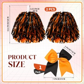 Hanaive 3 Pcs Cheerleading Pom Poms and Large Cheerleader Hair Bow Foil Pompoms Cheer for Team Cheering Squad Dance Rooters Accessories (Orange and Black,Metallic)