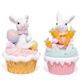 Hodao Easter Bunny Figurines - Handcrafted Resin Cupcake Decorations, Easter Egg and Carrot Design - Spring Home Décor, Table Centerpiece Decorations（2PCS）