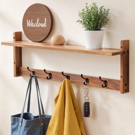 Wacloud 29Inch Wall Mounted Coat Rack with Hooks and Shelf - Large Rustic Wood Coat Hangers for Hats, Keys, Towels, Robes – Functional Entryway Wall Organizer for Bathroom, Kitchen, Mudroom – Brown