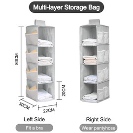 QUMENEY Hanging Wardrobe Storage Closet Organiser Hanging Storage Shelves With Side Pockets Clothes Organiser Space-Saving and Foldable Bedroom Storage Grey (4 Layers)