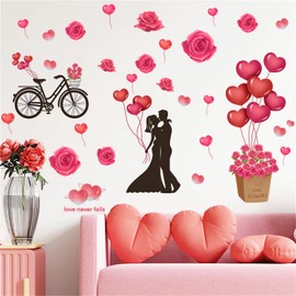 Romantic Lovers Red Rose Balloons Wall Stickers, sacinora Floral Art Love Wall Decals Removable Vinyl Peel and Stick for Valentine's Day Couples Living Room Bedroom Sofa TV Background Decorations