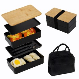 Bento Box Adult,Lunch Box with 2 Compartments for Women Men Stackable Lunchable Container with Utensil Set BPA-Free Leakproof Space-Saving Meal Prep Containers Microwave Dishwasher Safe (Black)