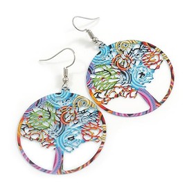 40mm D/Round Multicoloured Tree of Life Lightweight Drop Earrings - 60mm Long