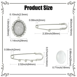 Ipotkitt Ovale Sicherheitsnadeln aus Edelstahl mit Glas-Cabochons, Vintage-Stil, Spitze, runde Broschen, Retro-Metallabzeichen für Kleidung, Dekoration, 15 Stück, Kein Edelstein